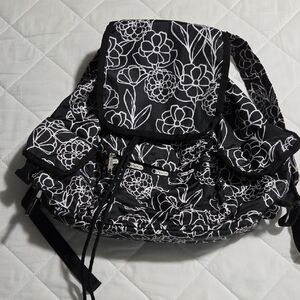LeSportsac Voyager Floral Black and White Drawstring Backpack EUC